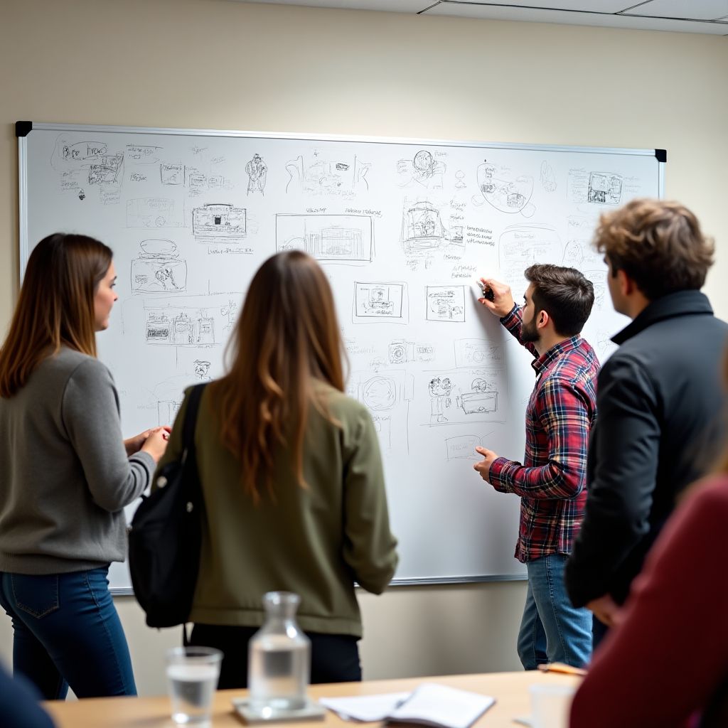 Estudiantes colaborando en una pizarra