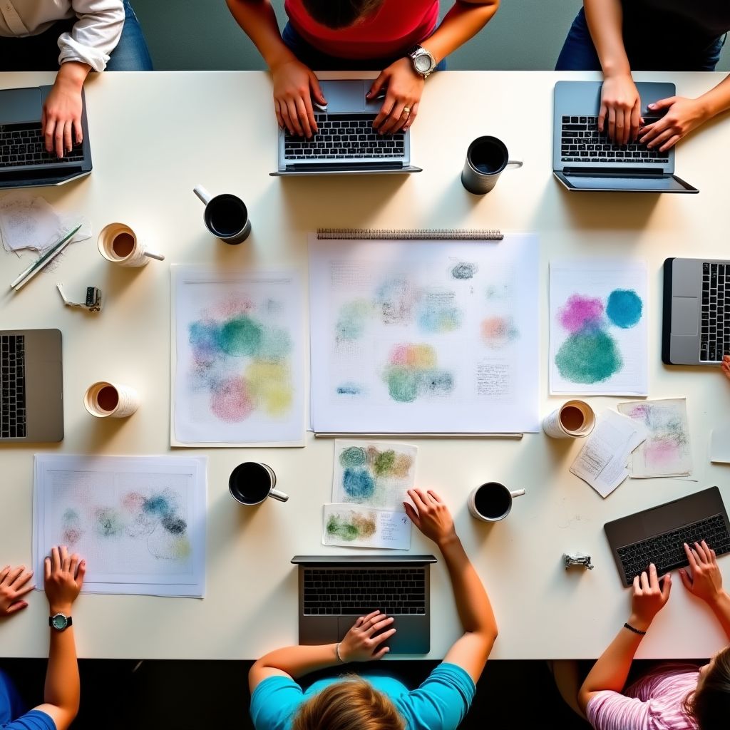 Taller de diseño con laptops y cuadernos